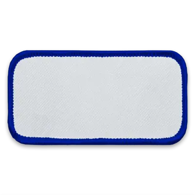 3.625" x 1.625" - Blank Rectangle Patch - White Fabric with Merrow RRR Royal Border - Industrial Backing